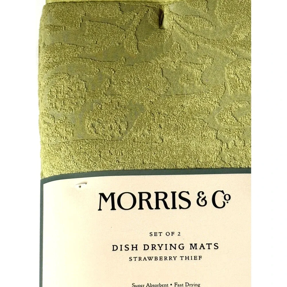 Morris & Co Strawberry Thief Kitchen Dish Drying Mats Green 18X24 Set of 2